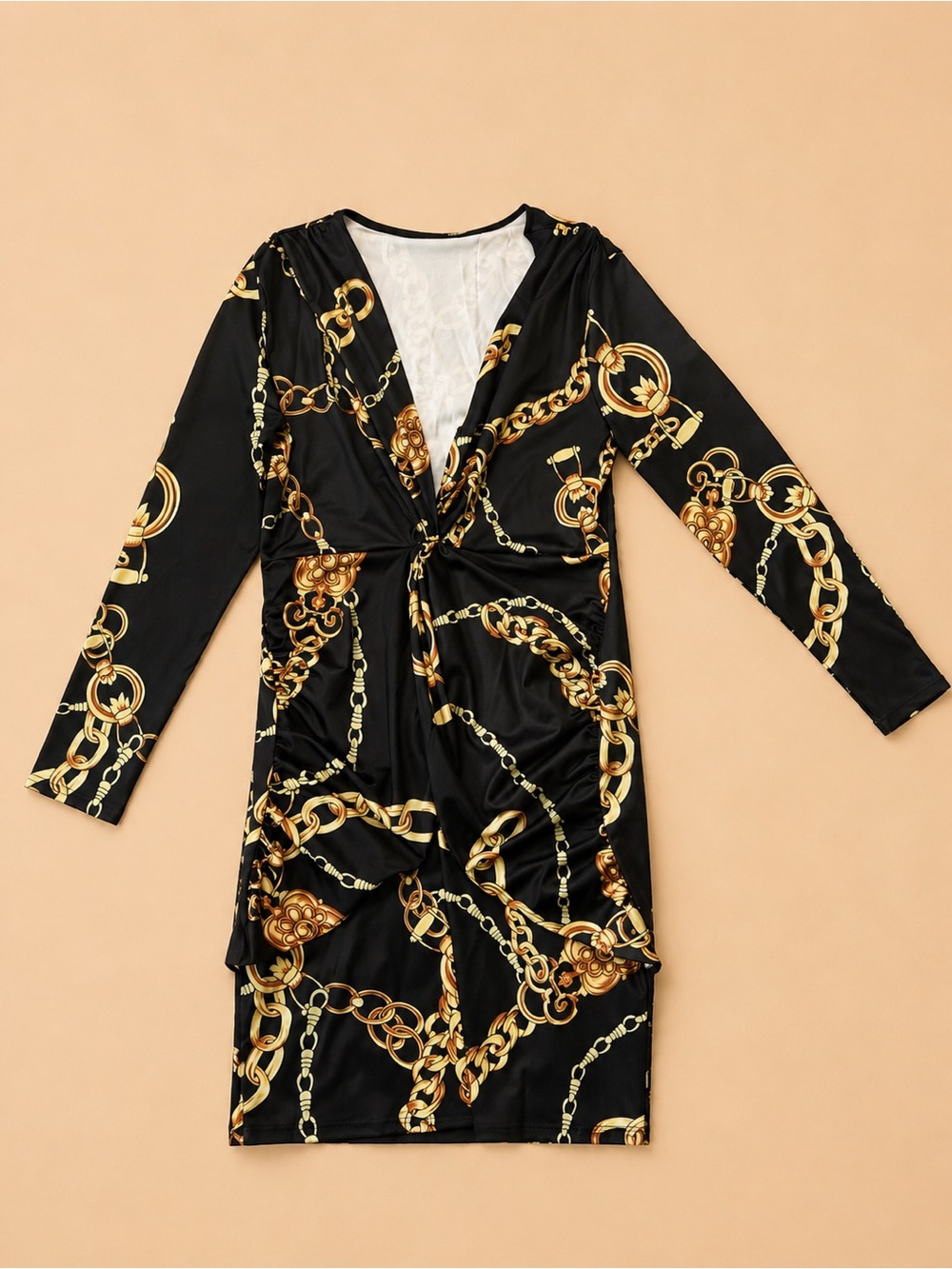 Gold Chain Print Black Knot Front Dress - Picture 2 of 2